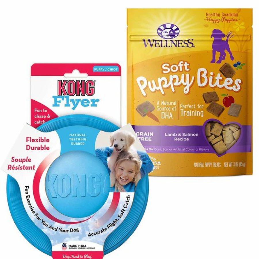 Dog Kong | Kong||Wellness Kong Puppy Flyer Dog Toy, Color Varies + Wellness Soft Puppy Bites Lamb & Salmon Recipe Grain-Free Dog Treats, 3-Oz Pouch