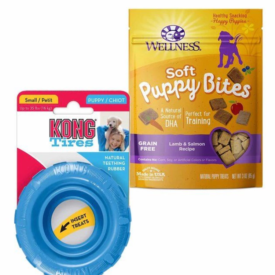 Dog Kong | Kong||Wellness Kong Puppy Tires Dog Toy, Color Varies, Small + Wellness Soft Puppy Bites Lamb & Salmon Recipe Grain-Free Dog Treats, 3-Oz Pouch