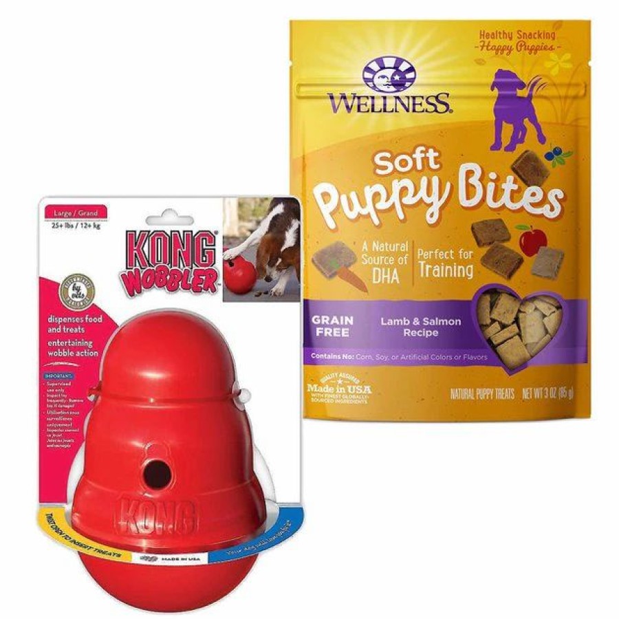 Dog Kong | Kong||Wellness Kong Wobbler Dog Toy, Small + Wellness Soft Puppy Bites Lamb & Salmon Recipe Grain-Free Dog Treats, 3-Oz Pouch